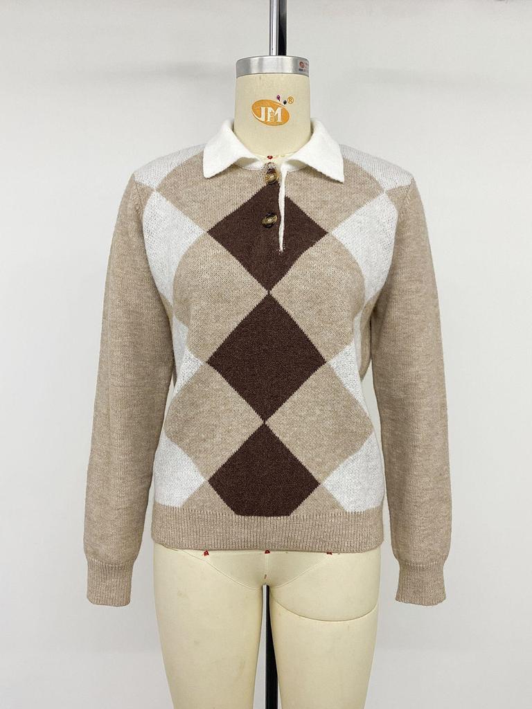 European & American Autumn Neutral Style Casual Diamond Jacquard Lapel Sweater for Women