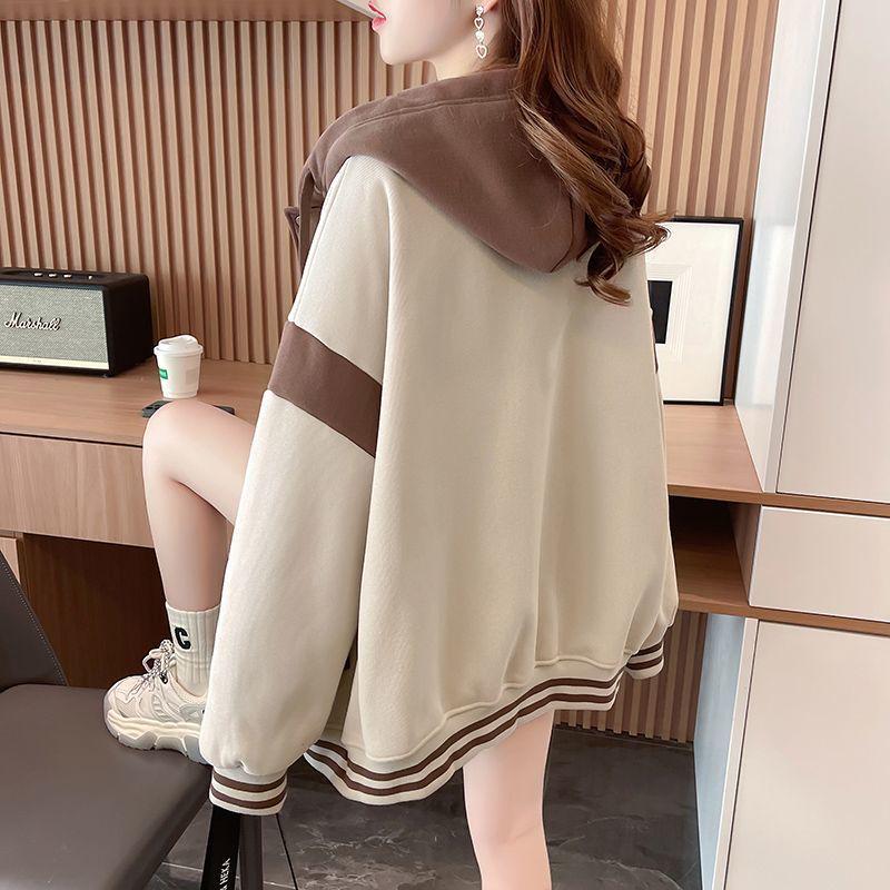 Women's Fleece-Lined Hooded Sweatshirt: Autumn/Winter Loose Fit Korean-Style Baseball Jacket