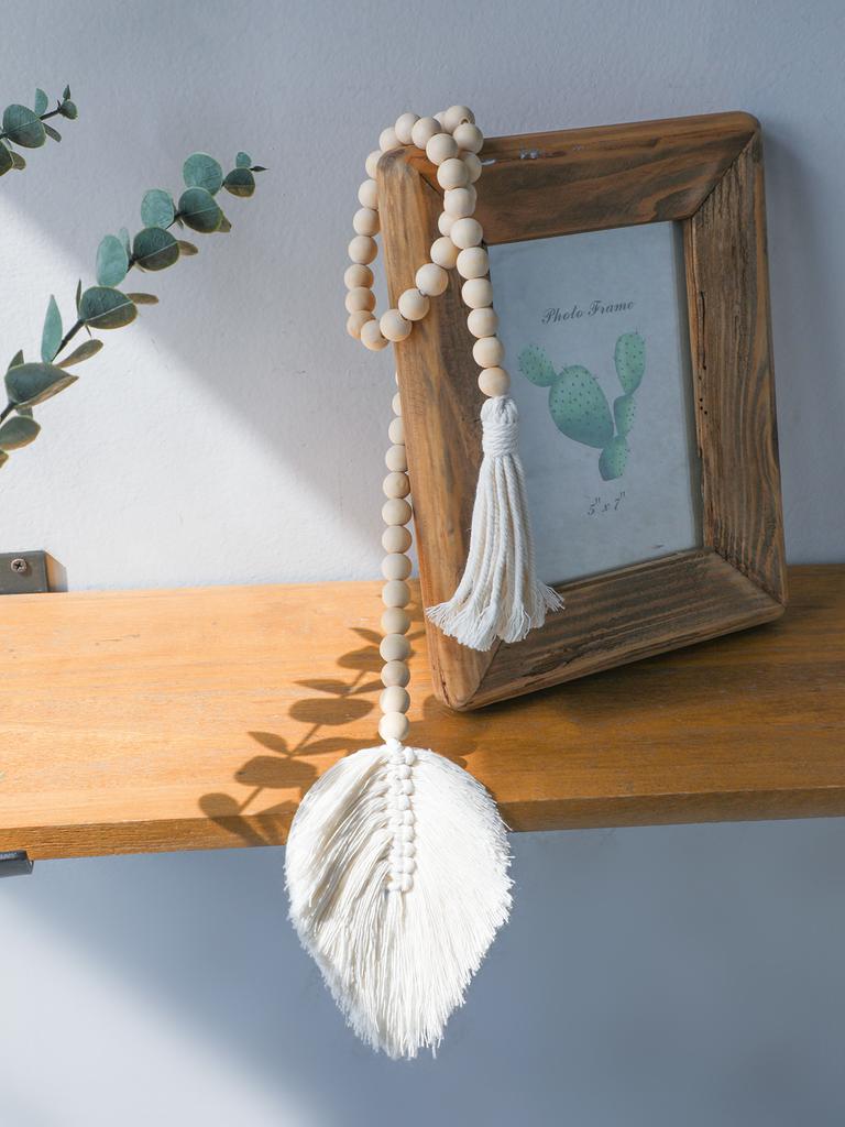 Wood Bead Rope Macrame Leaf Wall Hanging Home Decor Rustic Tassel Wall Decor Handmade Room Ornament Boho Home Decoration Gift