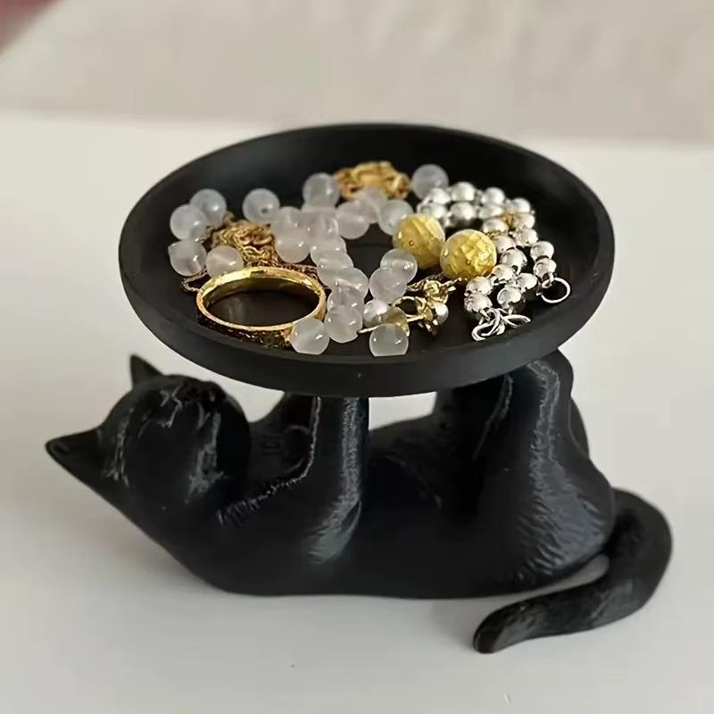 Creative Black Cat Resin Jewelry Tray 3D Printed Kitten Statue Makeup Organizer Ring Dish Home Decor Gift for Cat Lovers