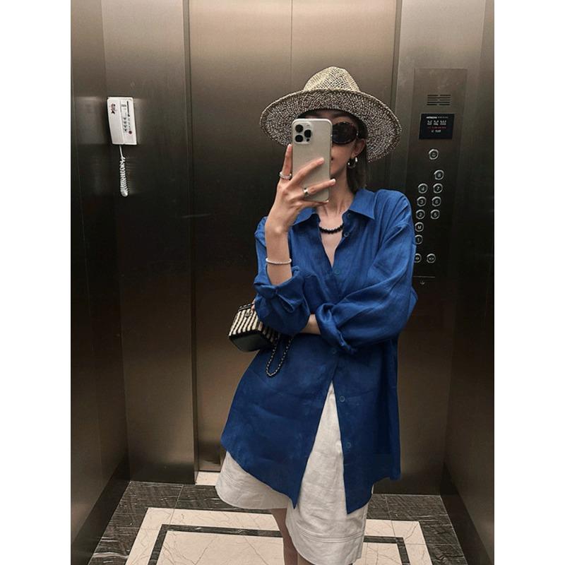Blue Loose Long Sleeve Thin Versatile Casual Linen Shirt Cardigan Outerwear