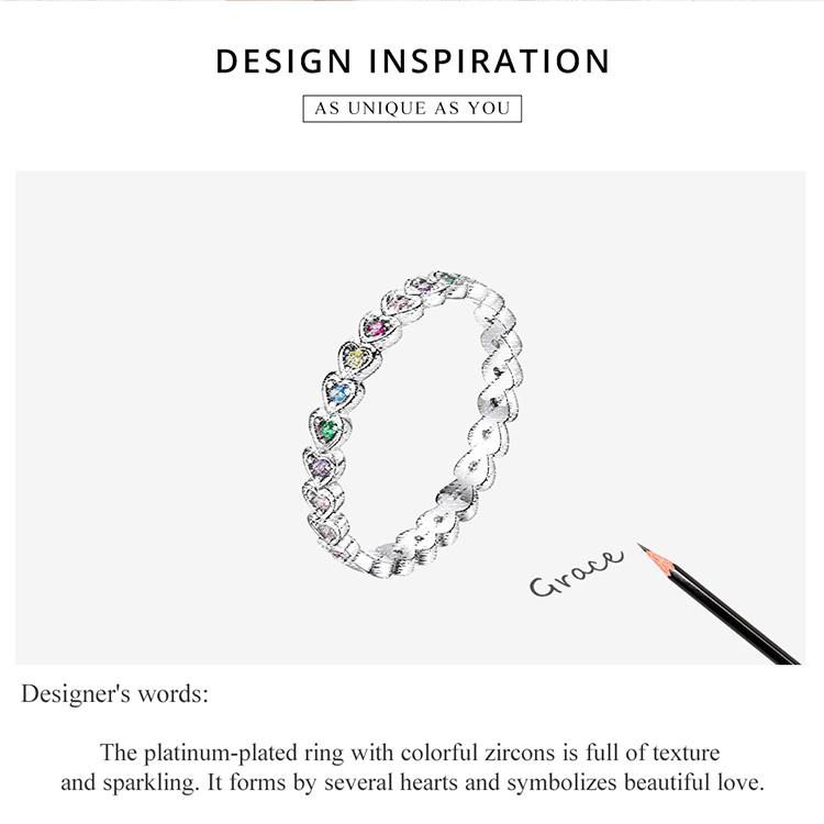 BAMOER 925 Sterling Silver Exquisite Original Colorful Heart-shaped Zircon Ring for Women Fine Jewelry