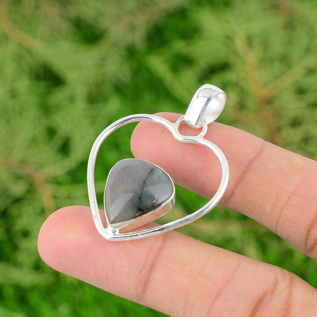 Daughters Day Sale 925 Sterling Silver Moss Agate Stone Heart Elegant Pendant