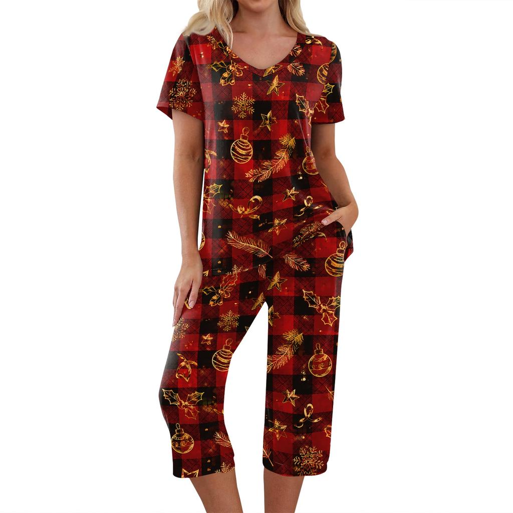 Women's Casual Christmas Print Two Piece Athletic Set Short Sleeve Top and Pants