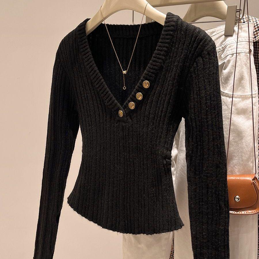Elegant V-neck Slim Pullover Sweater - New Winter Style, All-Match French Long-Sleeve Top