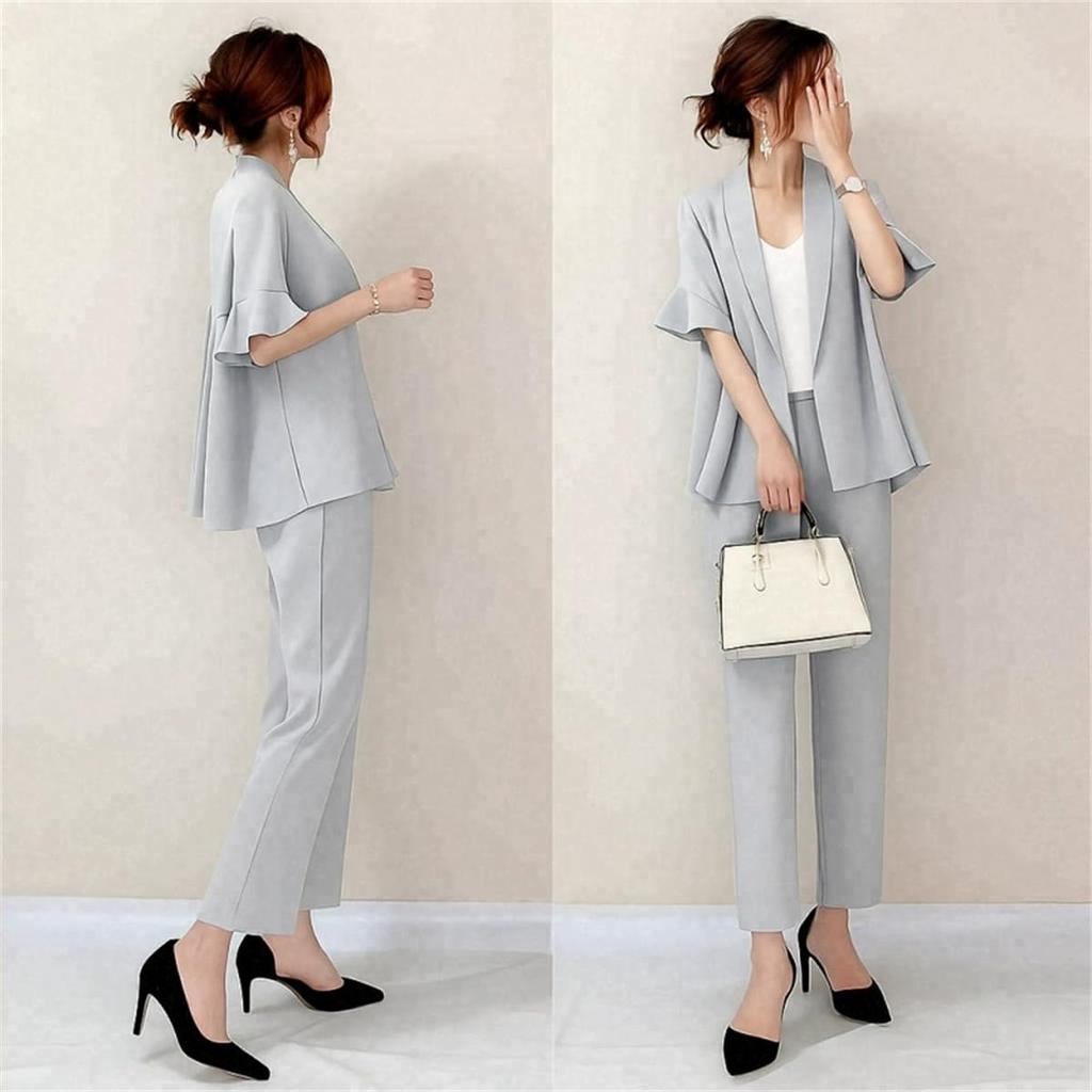 [YUANYUAN] Women's Pantsuit 2-Piece Set: Tailored Jacket & Culottes. Suit Jacket with Waist Tuck, Short Sleeves, Frill Sleeves, Solid Color, Cute and