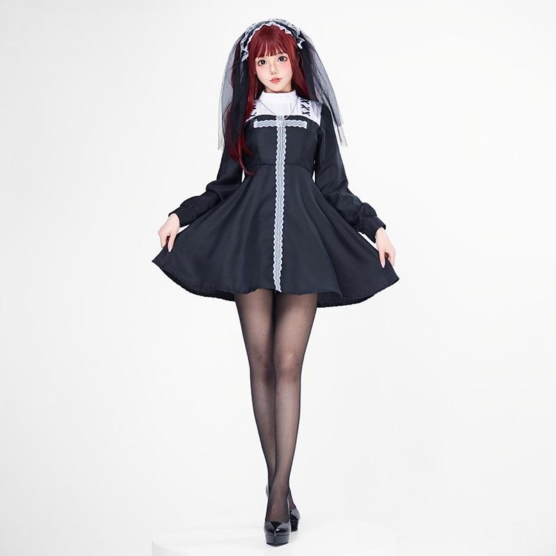 

Готический костюм невесты на Хэллоуин, наряд темной ведьмы, монахини, вампира с крестом для хэллоуинской вечеринки, выступления призрака XL чёрный