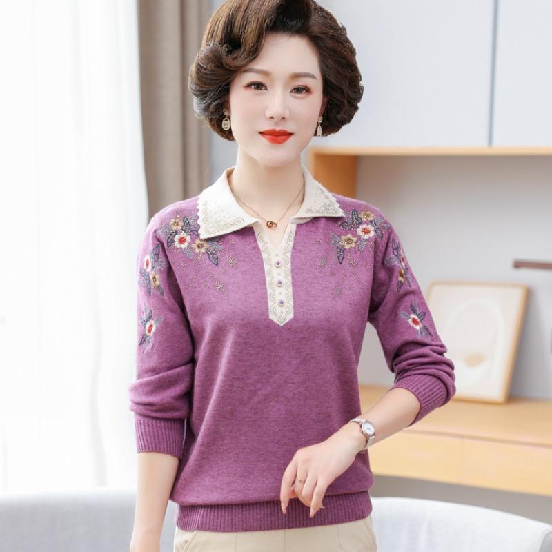 Mom Lapel Knitted Sweater Medium and Old Spring Long-sleeved Sweater Bottoming Shirt Middle-aged Women's New Thin Sweater