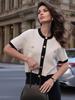 Women's European/American Color Block Knit Top, Round Neck, Short Sleeve, Autumn Collection.