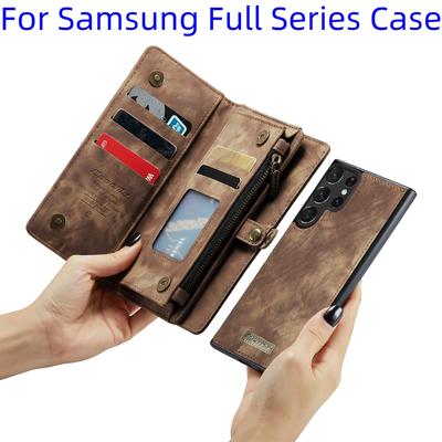 Für Samsung Galaxy Hülle, Ledermaterial mit großen versteckten Kartenfächern und stoßfestem Schutz, 2-in-1-Design, Reißverschluss