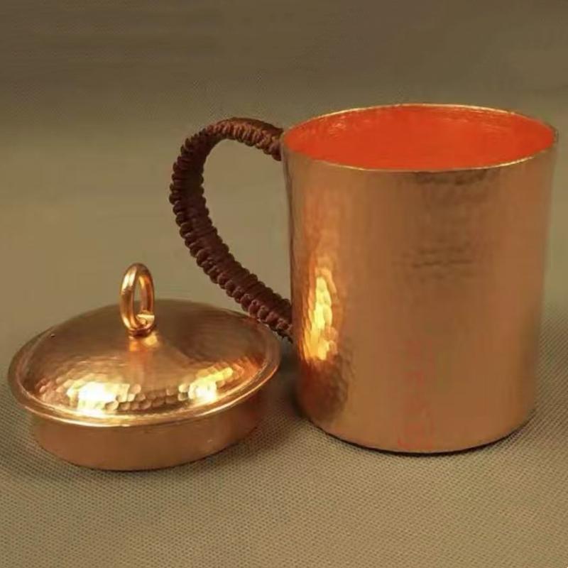 Vintage čistá měď Moscow Mule Hrneček na kávu, S víčkem Vyrytá kladívková textura Odolný Pivo 500 ml Termoska Tkaná rukojeť Šálek na čaj