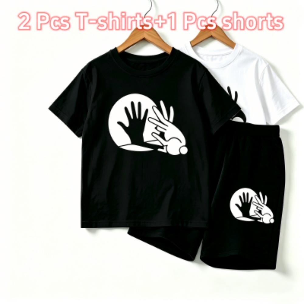 Rabbit Shadow Print Outdoor Street Kids T-shirt and Shorts Summer Home Casual Outfit Boy and Girl's Sports Set