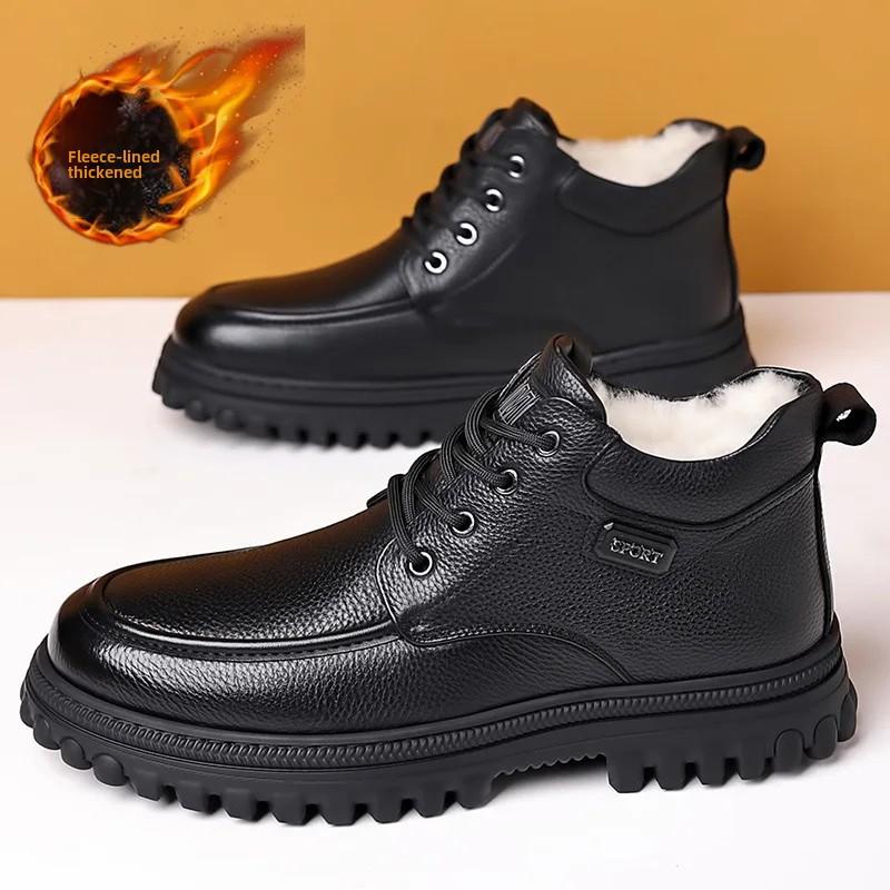 Winter Mens Boots Thick Plush Warm Cotton Shoes Luxury Genuine Leather High-Top Boots Black Business Dess Boot Winter Snow Boots