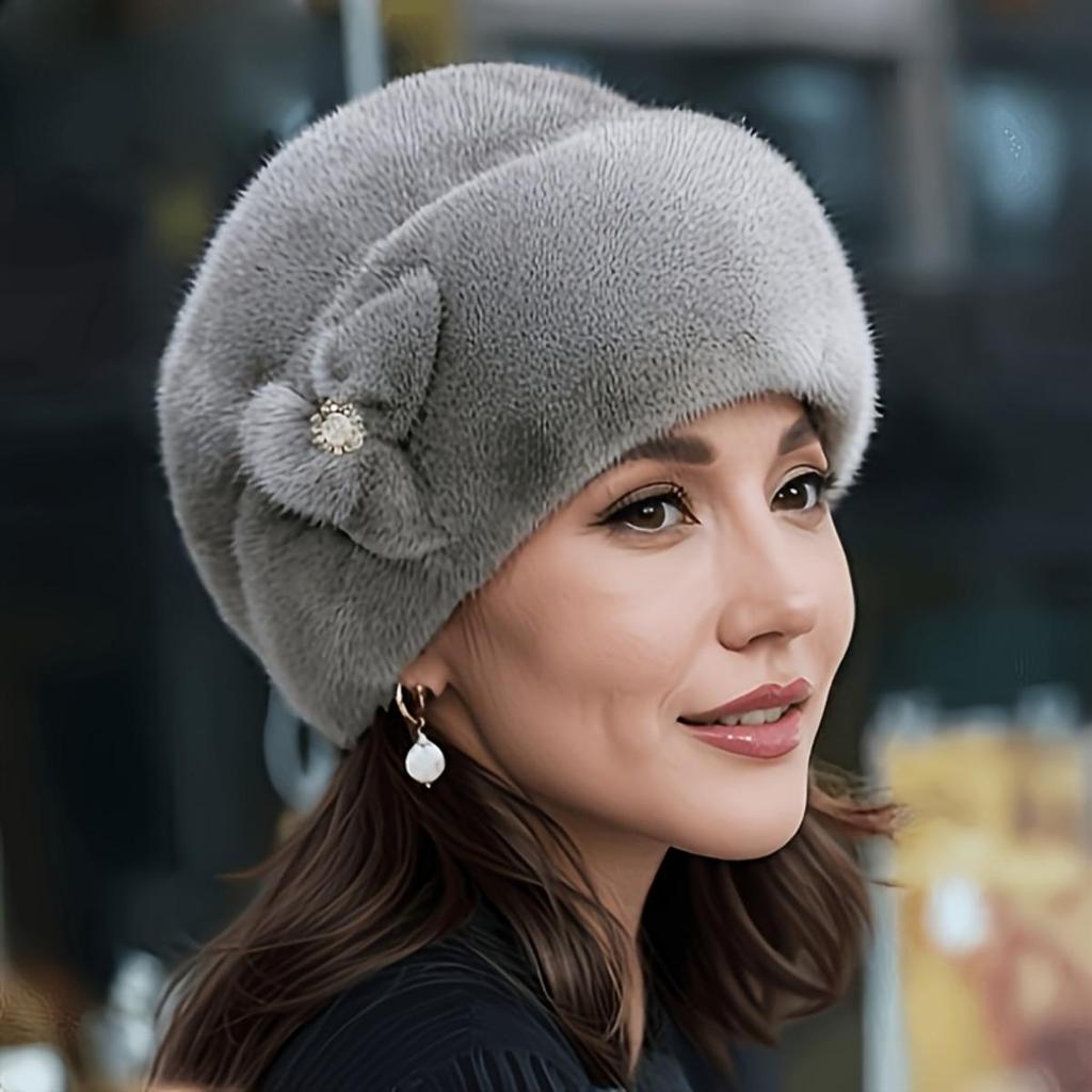 High Top Faux Mink Plush Hat with Decorative Flower for Autumn and Winter Warm Hat