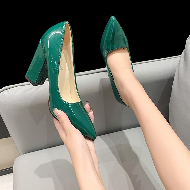 Large size high heels women's autumn new sexy thick heel pointed single shoes shallow mouth patent leather one pedal