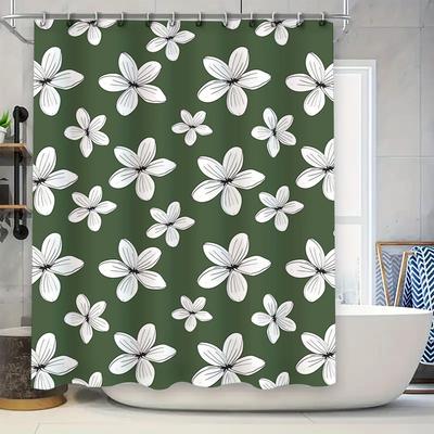 Luxurious Bathroom Floral Print Shower Curtains for Home Decor White Flowers Green Background Waterproof Fabric 180x240cm (Green