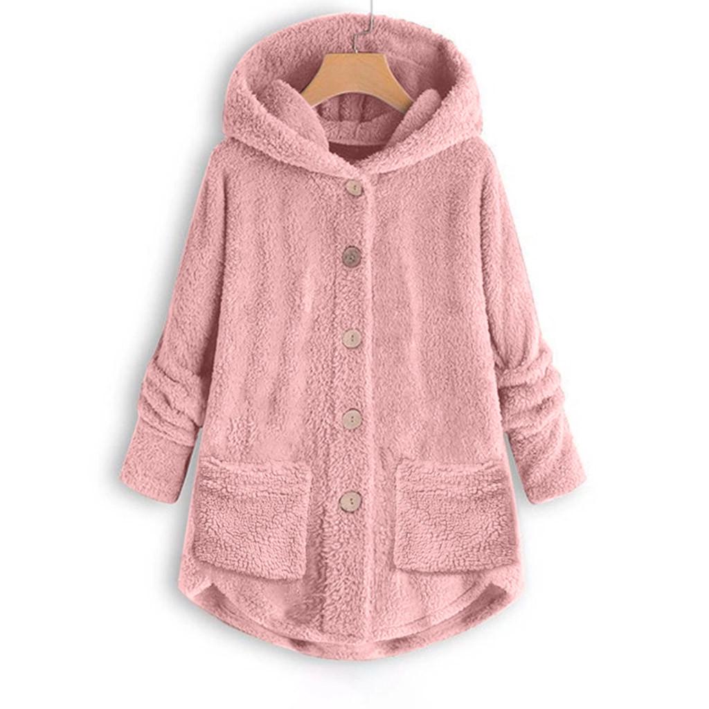 Women Plus Size Button Plush Tops Hooded Loose Cardigan Wool Coat Winter Jacket