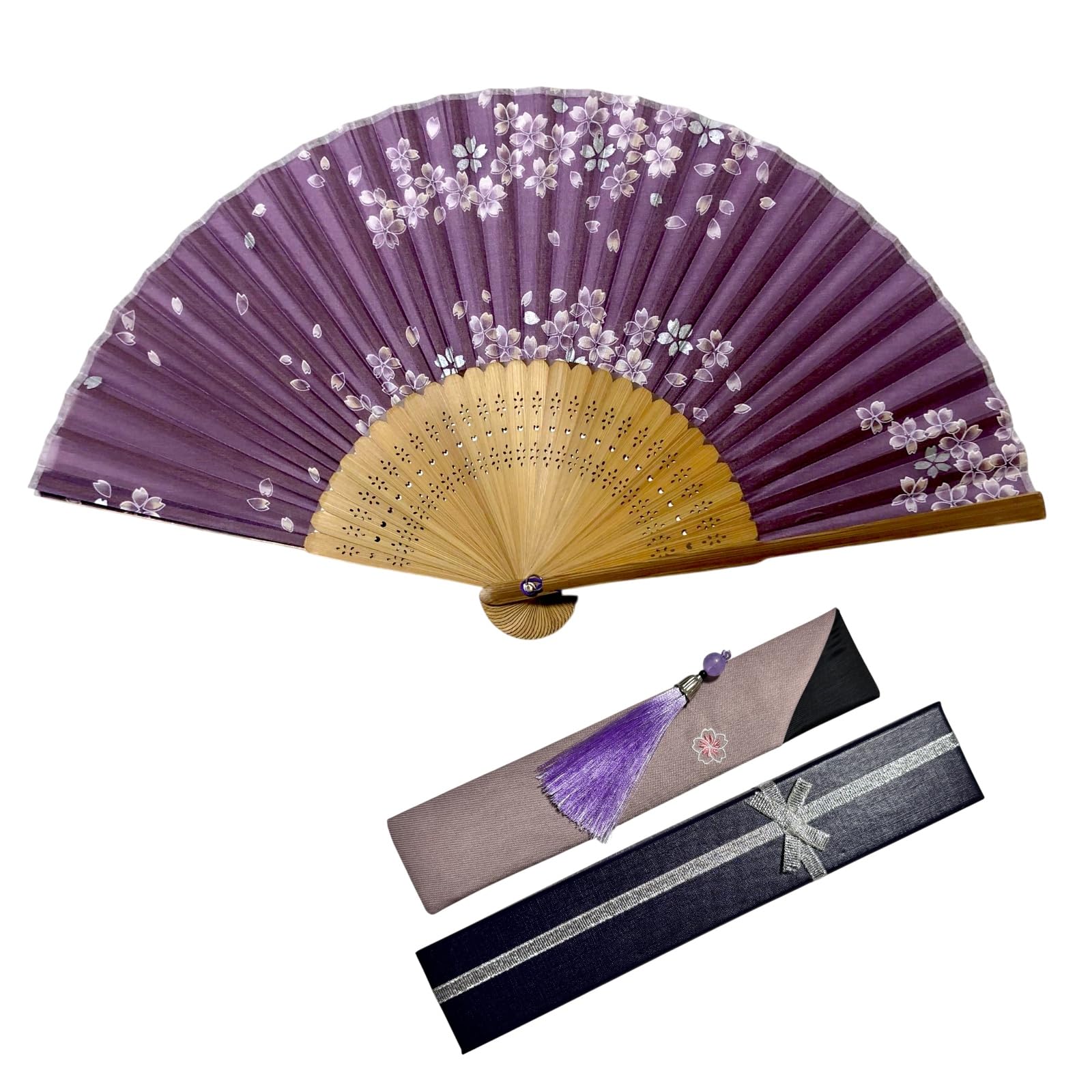 Folding Fan Cherry Comes in a fan case Cherry [&JuJu] Women s [Seasonal Flowers Blossom, Bellflower, Peony, Lotus] (Grape-colored Blossom)