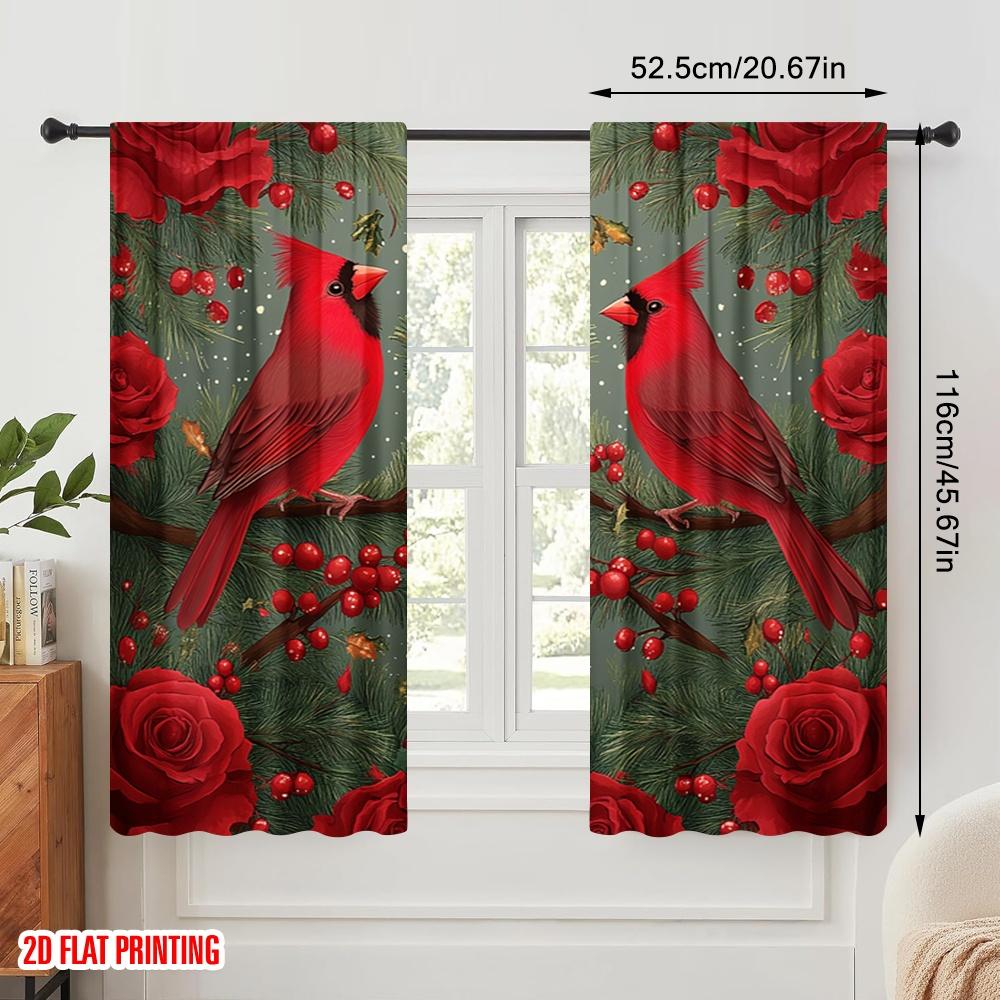 2pcs,2D Plane Printing Creative Curtains Cardinal Bird Christmas Winter Red (2) Versatile Durable Polyester (without Rod)