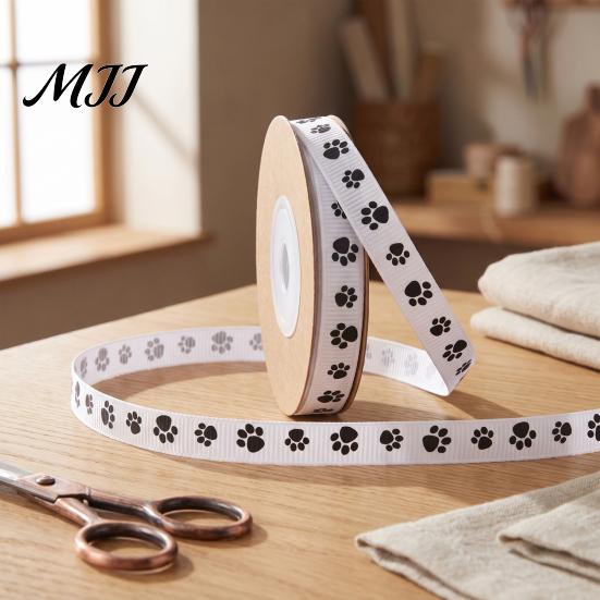DIY Gift Wrapping Supplies 0.4" x 9.8 Yards Paw Print Ribbed Ribbon, Decorative Fabric Ribbon for Handmade Bow Making Material Pet Themed and
