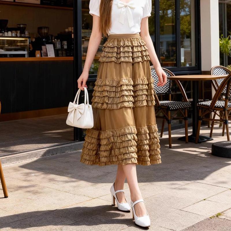 Qooth Ruffle Tulle Maxi Skirt Layered Cake High-Waisted Skirt French Ethereal Style for Party QT2860