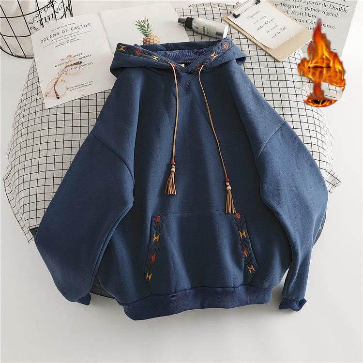 

Женское худи на кулиске с кисточками, изысканная вышивка, большой карман, толстый пуловер, художественная модная осенне-зимняя верхняя куртка L