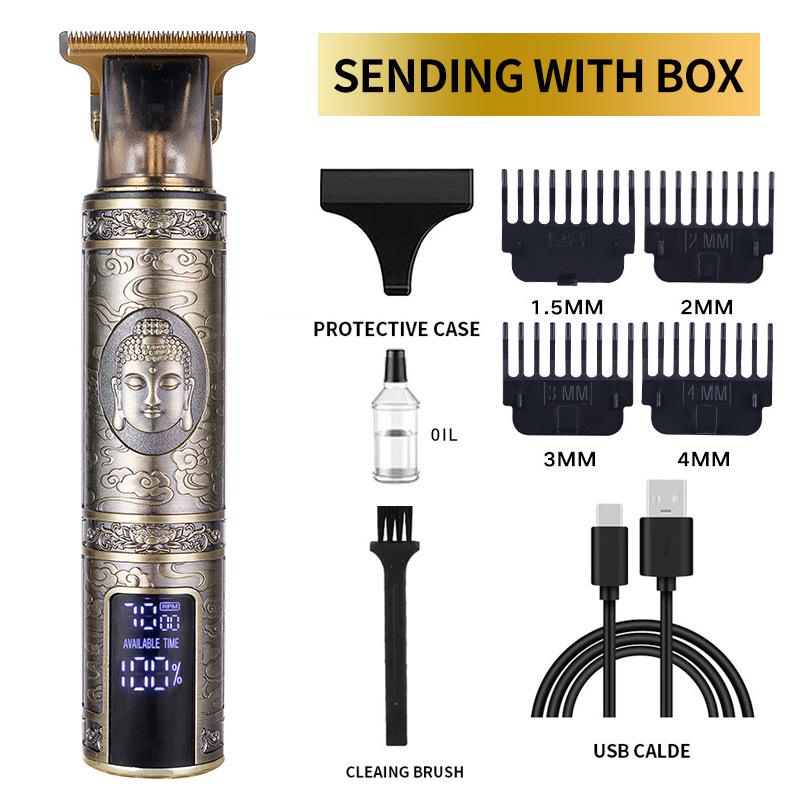 Elektrischer Haarschneider für Glatzen mit Schneidemesser, wiederaufladbar und für den grenzüberschreitenden Einsatz geeignet.