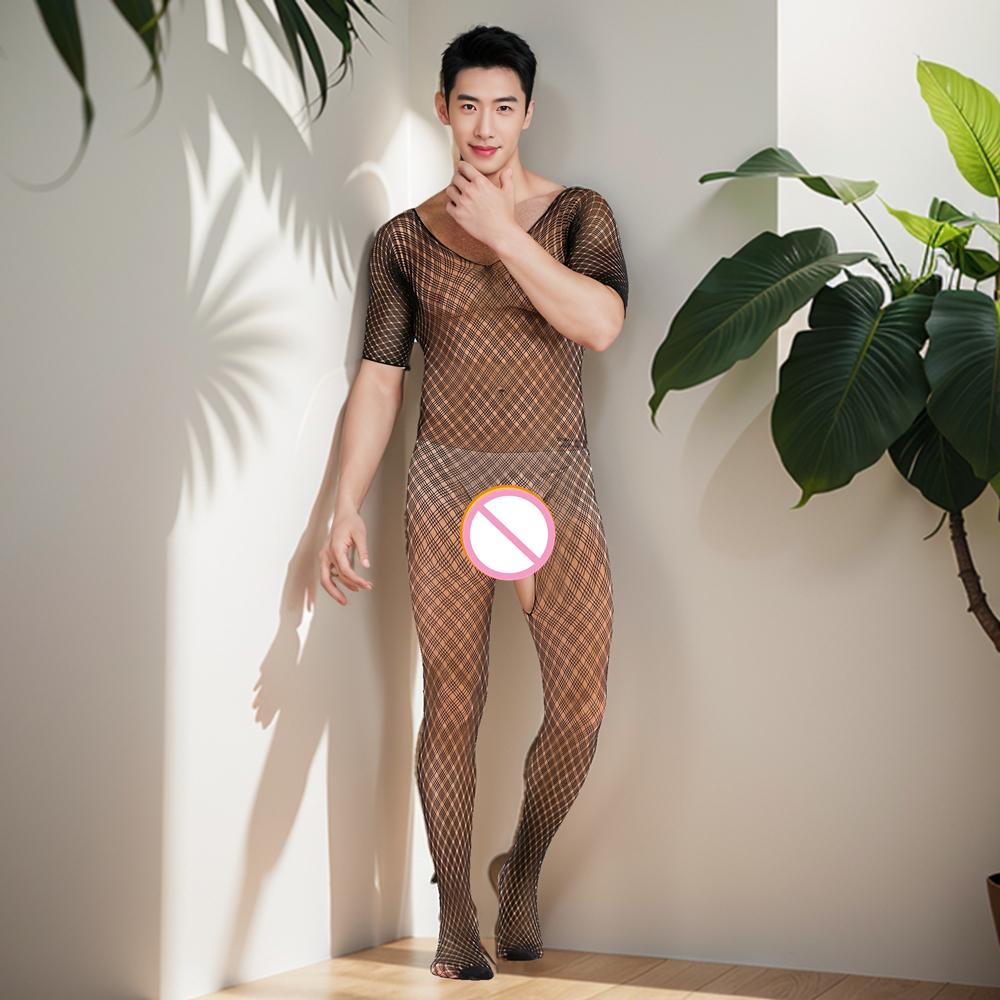 Plus Size Men's Black Sexy Lingerie Fishnet Body Stockings Male Underwear Exotic Lingerie for Man Open Crotch Transparent Tights