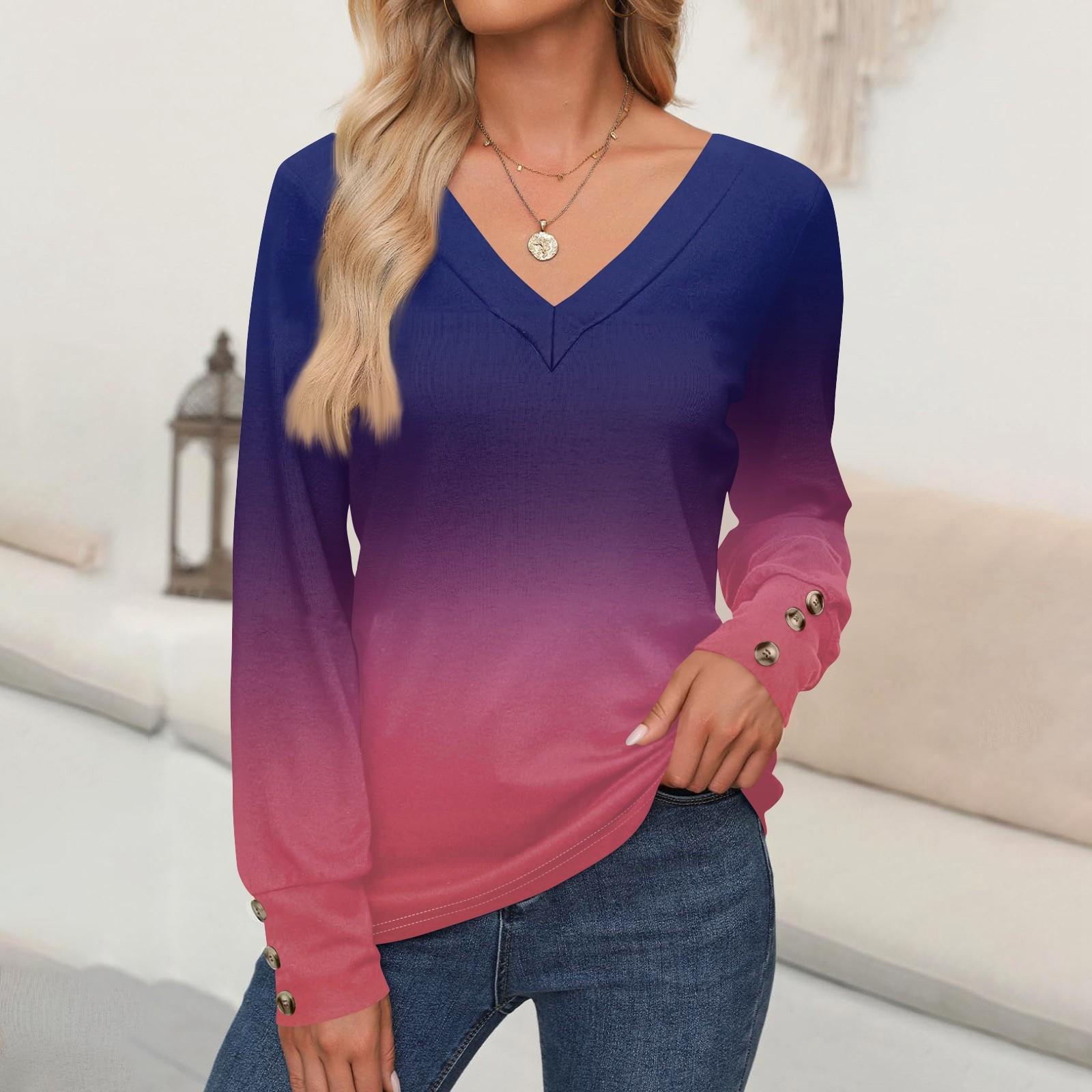 

Женские топы с градиентным принтом, рубашка с длинным рукавом, V-образный вырез, повседневная свободная футболка, осенняя одежда L тёмно-синий