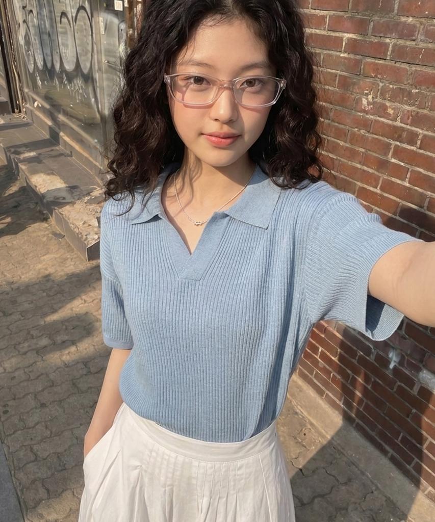 GLW Open Collar Waffle Half Knit Blue