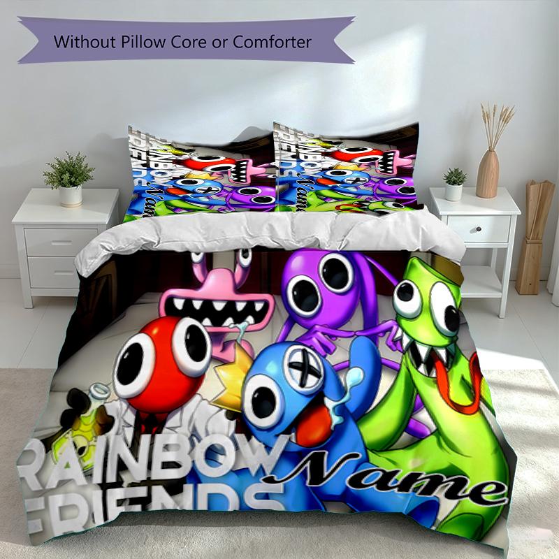 3pcs Custom Name Rainbow Friends Bedding Set,Includes 1 Duvet Cover and 2 Pillowcases,All-season Bedroom Decor