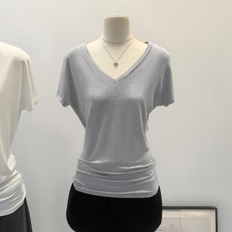 Retro V-Neck Short Sleeve T-Shirt - Women's Spring/Summer Basic Slim Mid-Length Top