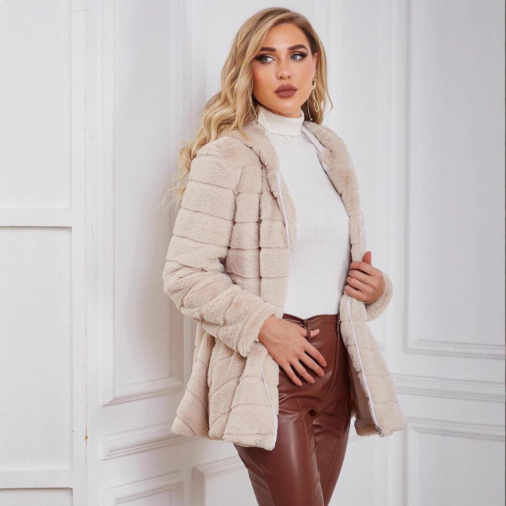 Europejski i Amerykański Płaszcz Damski z Kapturem ze Sztucznego Futra - Jednolity Kolor, Ciepły Średniej Długości na Jesień/Zimę 2022