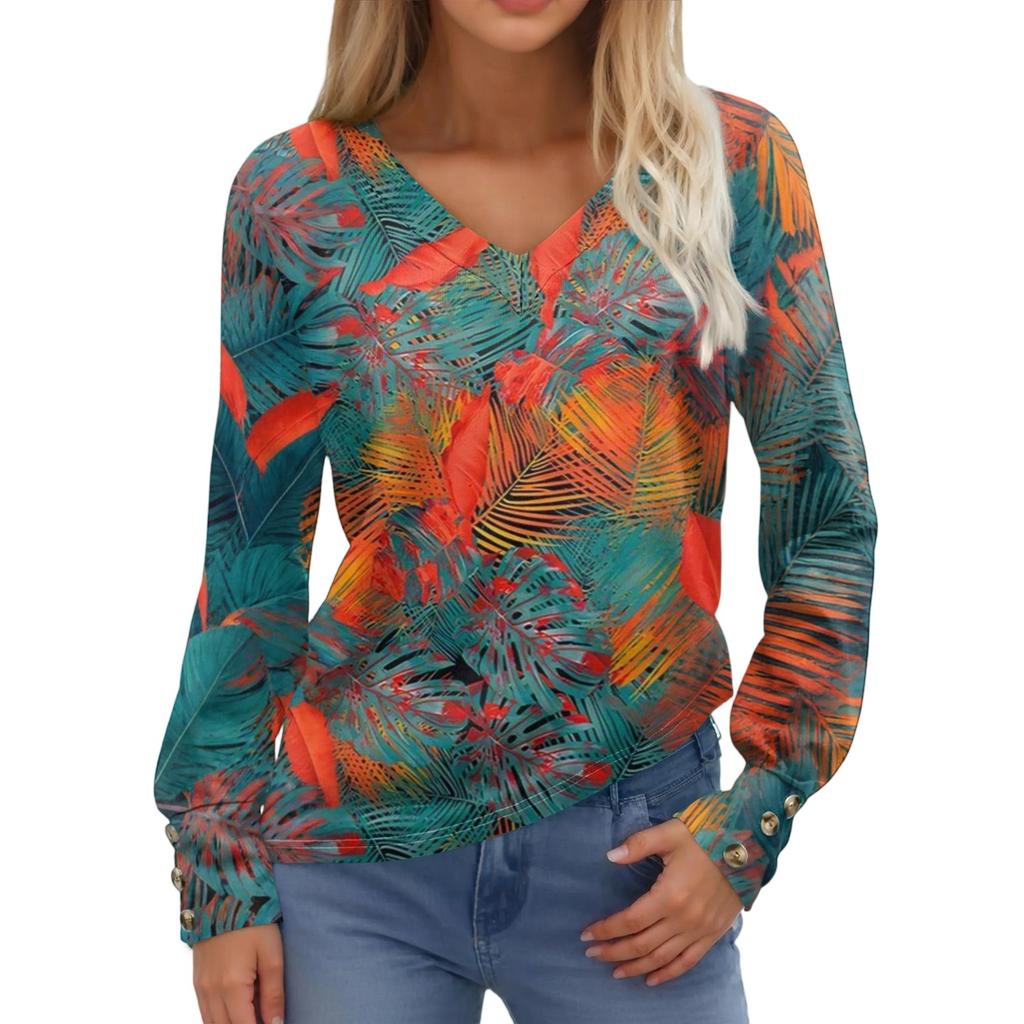 Damenoberteile Langarmmanschetten Button-Up-Hemd V-Ausschnitt Lässiges Lockeres T-Shirt Blumenoberteile