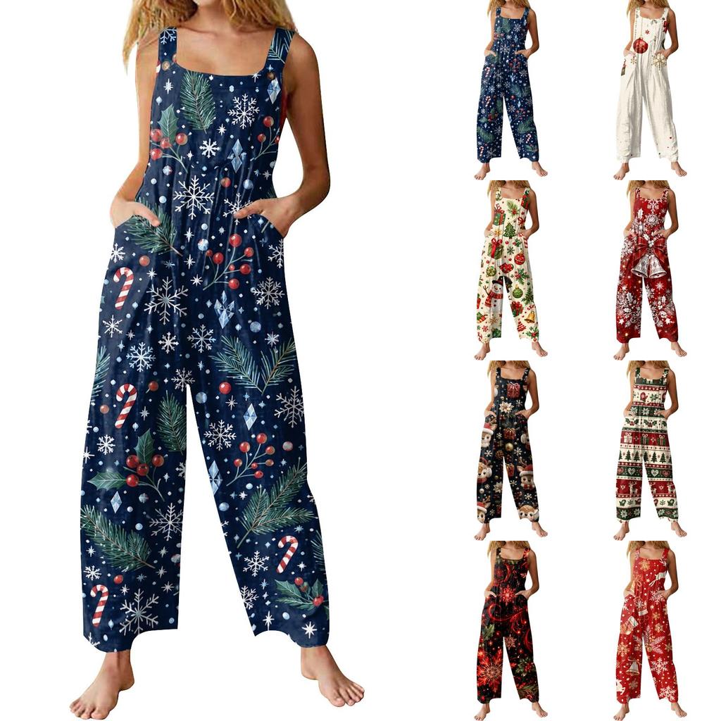 Women's Casual Sleeveless Cotton Jumpsuit with Christmas Print for Holiday Parties and Everyday Wear