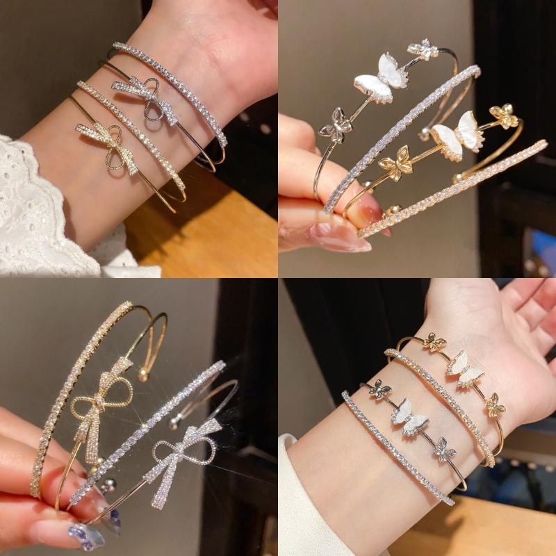 Sparkling Luxury Elegant Bow Butterfly Women's Double-layer Opening Bracelet For Daily Wear Party Wedding Jewelry Accessories