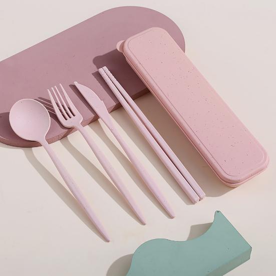 4Pcs/Set Reusable Portable Plastic Cutlery Set with Storage Box Students Spoon Fork Cutter Chopsticks Tableware Set