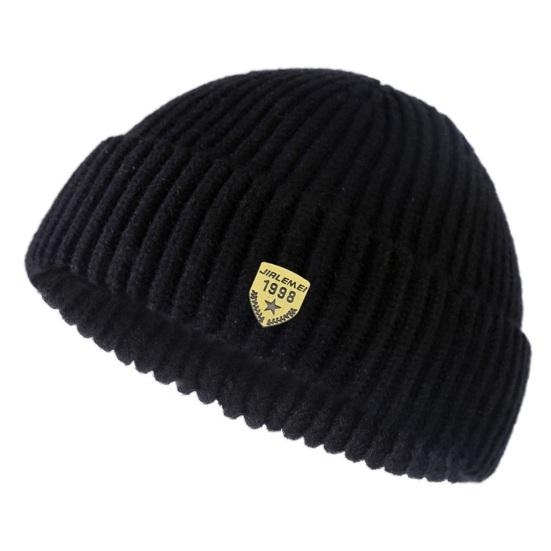 

Autumn Winter Solid Color Knitting Hat Women Men Logo Print Brimless Beanie Hat Casual Short Ribbed Couple Hat чёрный