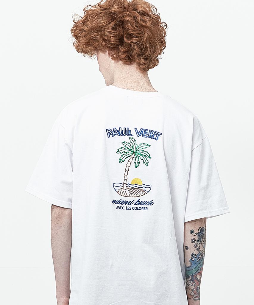 Lekkollohe White T-Shirt With Palm Tree Graphic Embroidery