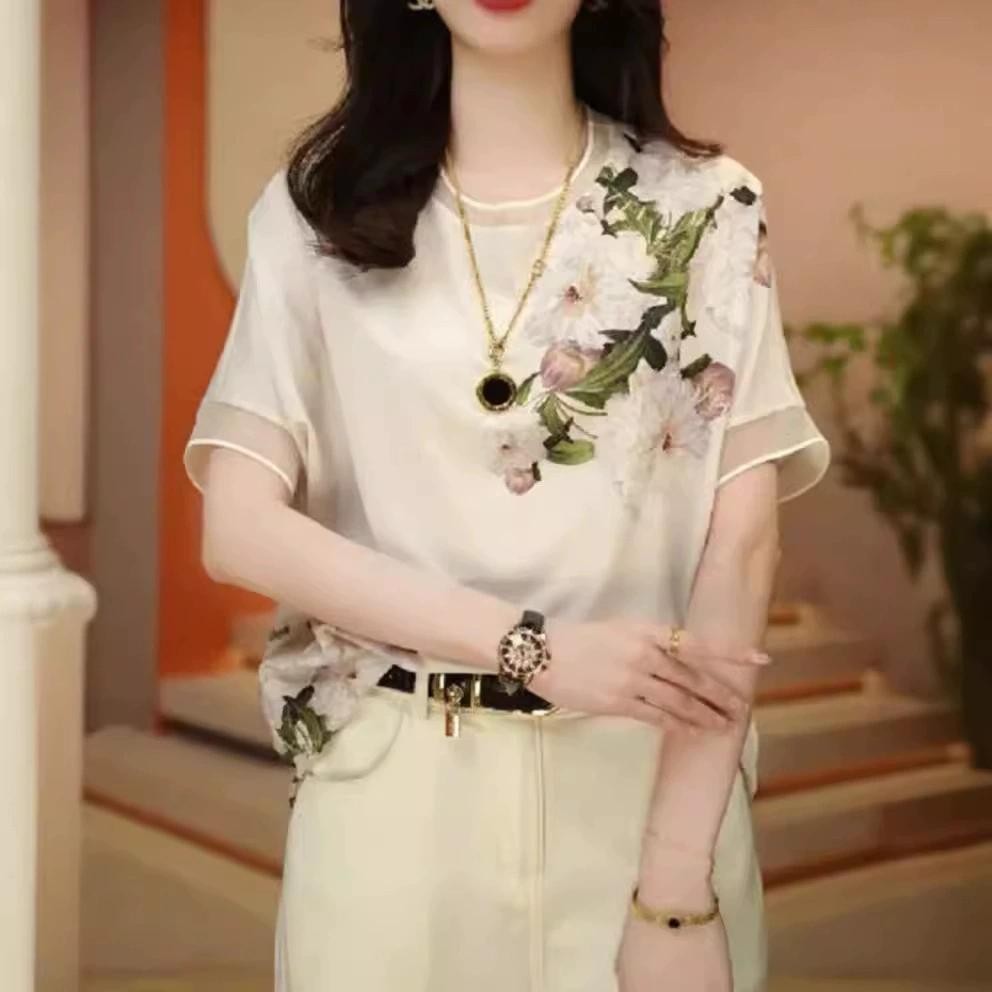 Summer Women's Solid Colors O-Neck Short Sleeve Loose Thin Chiffon Pullovers Printed Trendy Comfortable Commute Tops