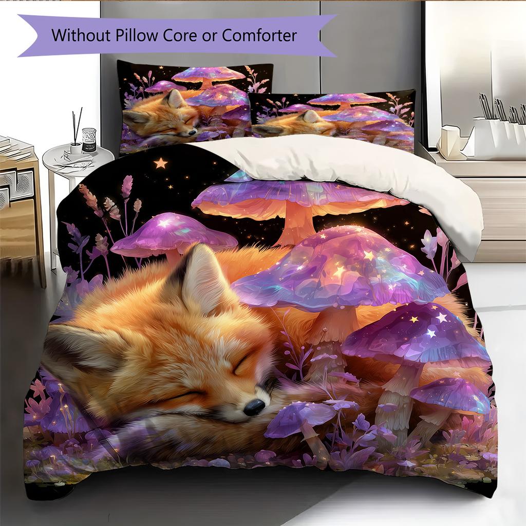 Red Fox with Mushrooms Pattern Bedding Quilt Set Home Decoration Gift (1 * duvet cover + 2 * pillowcase without core)