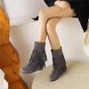 Damen Flachbodenstiefeletten Herbst und Winter neu lässig große Größe Fransenstiefel