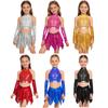 Kids Girls Jazz Dance Performance Outfit Sleeveless Keyhole Back Sparkly Sequins Crop Top with Asymmetric Metallic Skirt and Sequined Tassels Gloves