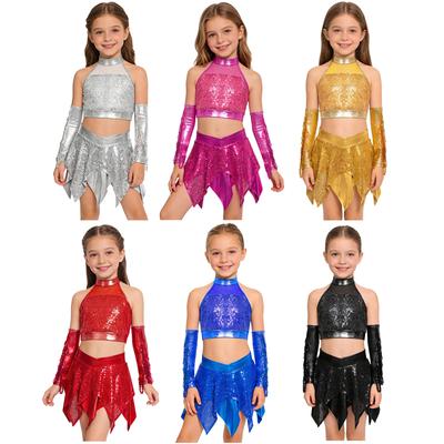 Conjunto de Vestuario para Actuación de Danza Jazz para Niñas sin Mangas con Espalda de Ojal Lentejuelas Brillantes Crop Top con Falda Metálica Asimétrica y Guantes con Flecos de Lentejuelas