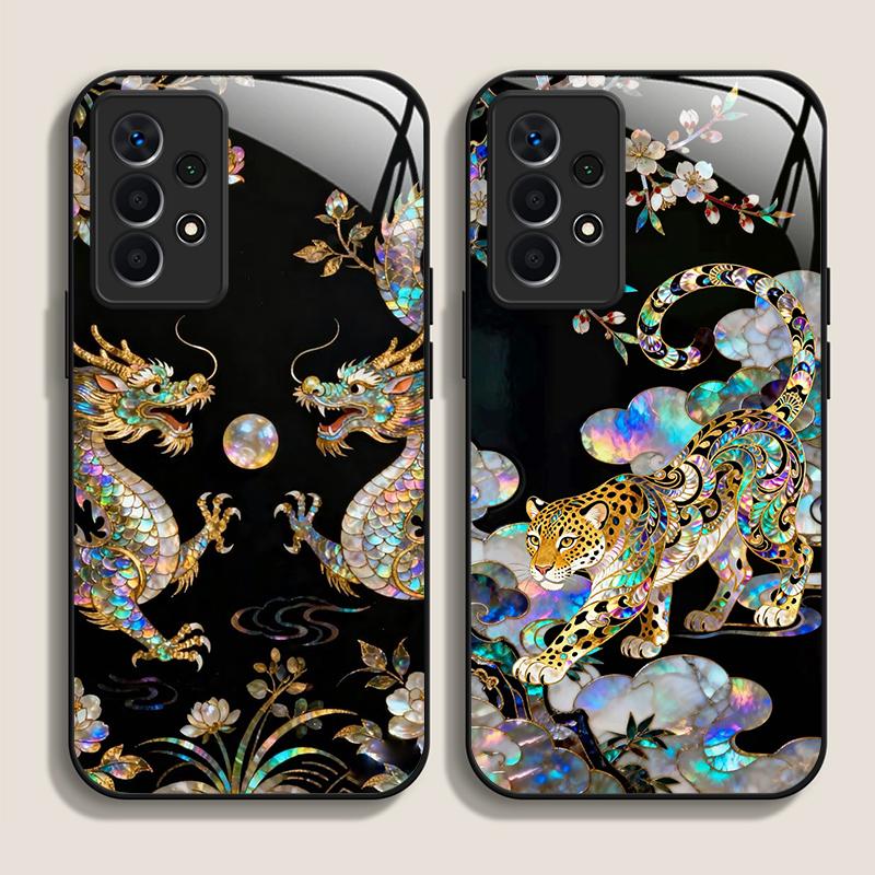 Stylish Dragon Leopard Marble Texture Tempered Glass Phone Case for Samsung Galaxy A56 A55 A54 A53 A52 A36 A14 A15 A16 A32 Cover