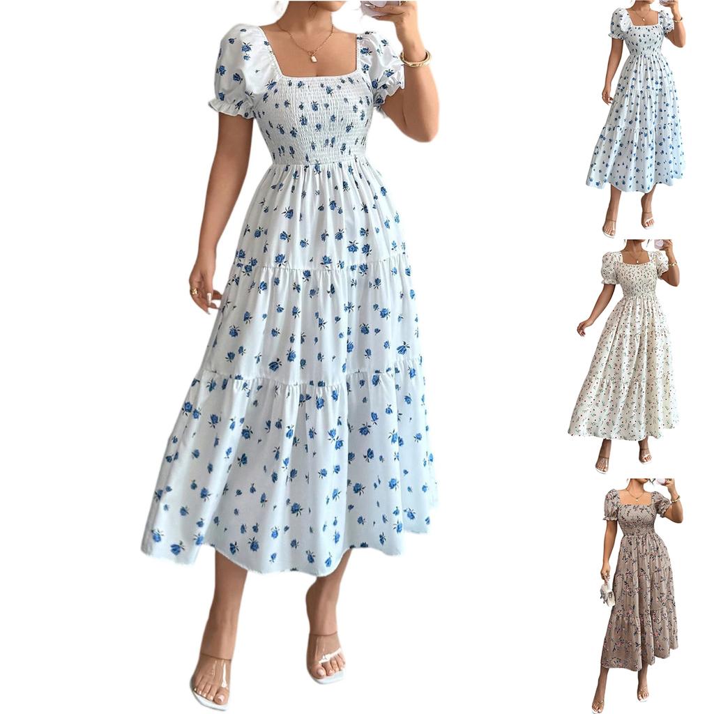 Women's Dress Casual Flowy Dresses square neckline Vocation Boho Beach Sundress
