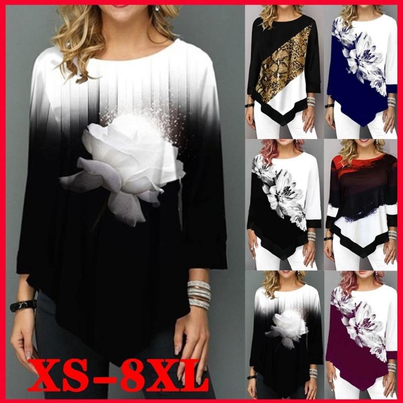 Dames Mode Bedrukt Casual Onregelmatige Zoom Ronde Hals 3/4 Mouwen Plus Size Luipaardprint T-shirt Losse Pullover Herfst Winter Blouse