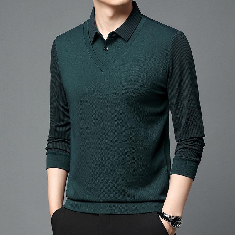 Men's Fake Two-piece Long-sleeved Polo Shirt with Elastic Fleece Thickened Lapel