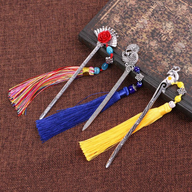Chinese Style Vintage Classic Metal Bookmark Tassel Beads School Office Supplies