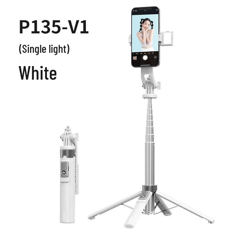 Perche à selfie Bluetooth P135: Alliage d'aluminium, Ouverture à un bouton, Caméra de téléphone, Diffusion en direct, Lumière de remplissage pour photographie, Support à quatre pieds